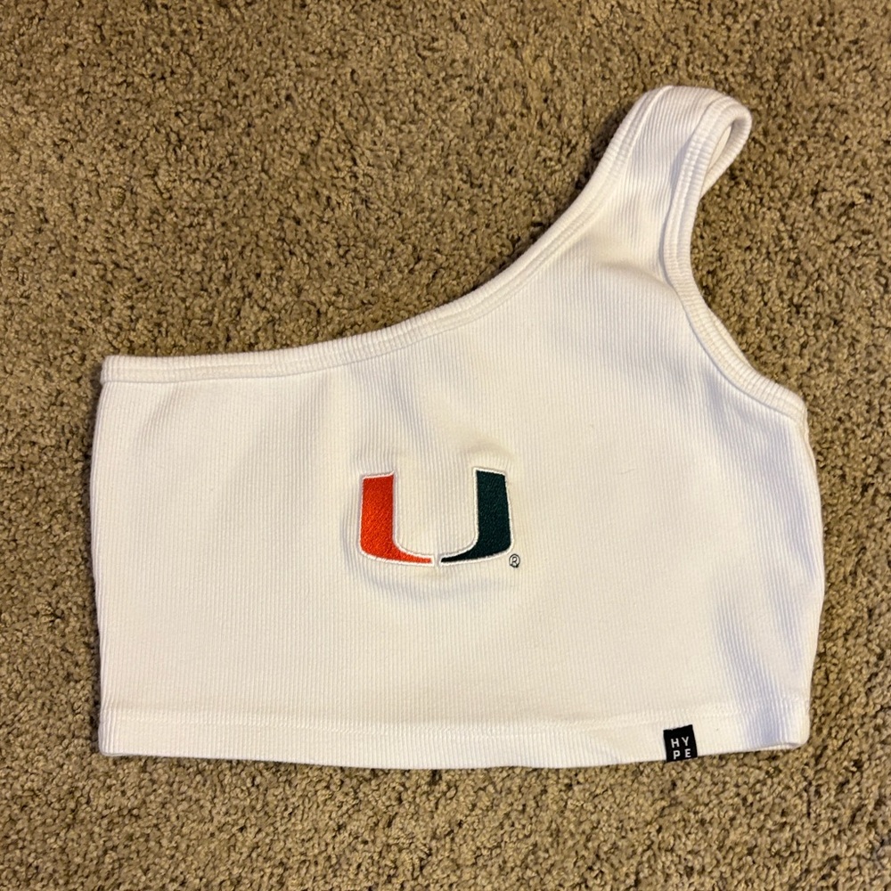 U of Miami Hype and Vice One Shoulder Crop White Ribbed Tank Top with Logo